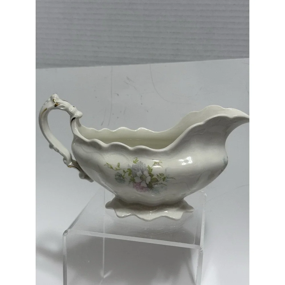 Antique Johnson Brothers, England Gravy Boat Reg Oct 21 1902 Pink Blue Gold Trim